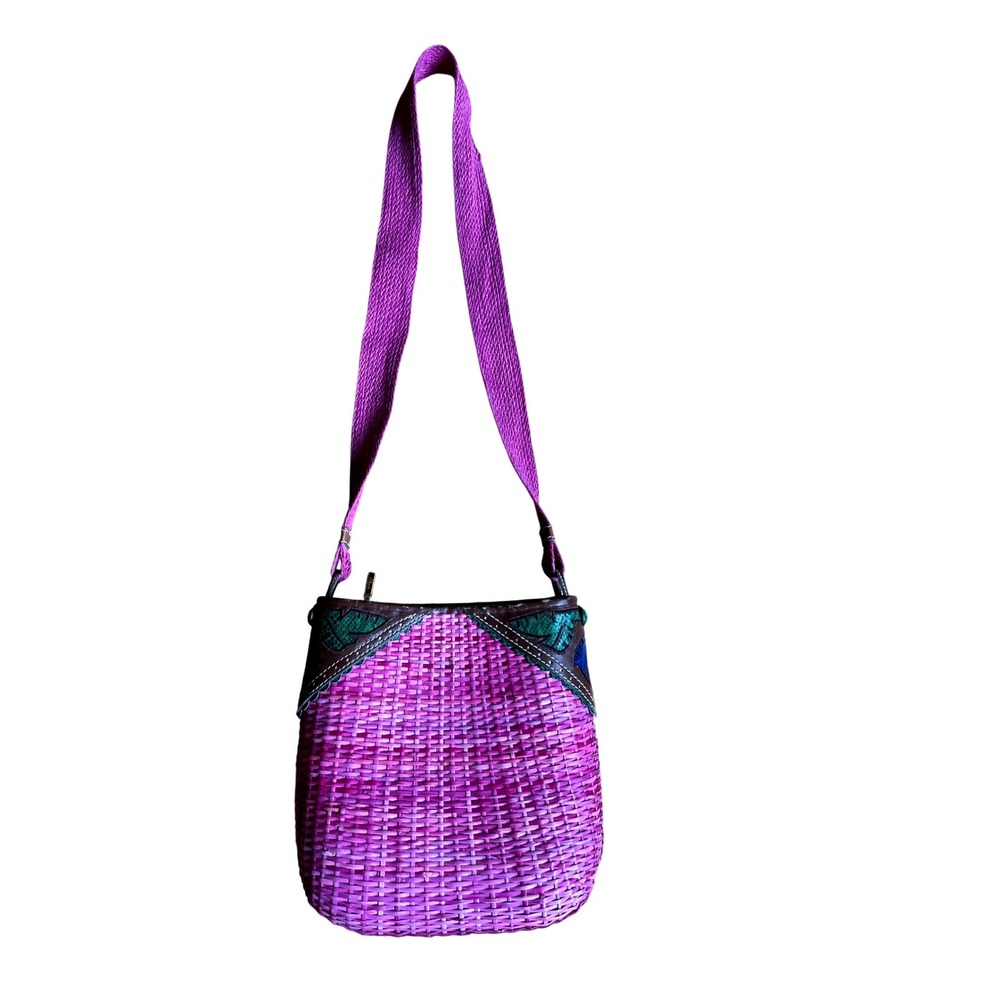 Rodo Purple Woven Wicker Shoulder Bag Leather Snakeskin‎ Trim Made in Italy